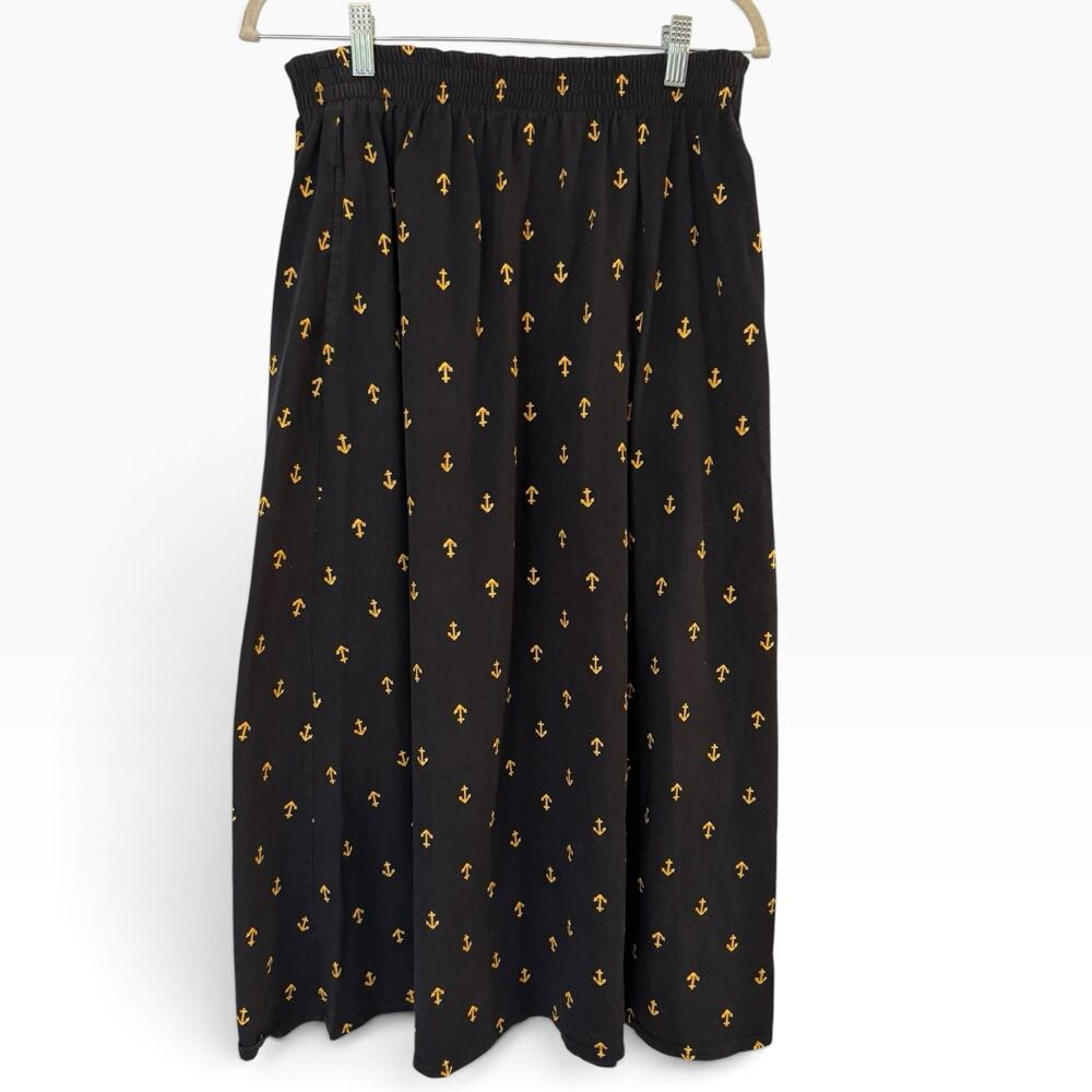 Preston & York Black Pull On Cotton Anchor Print Midi Skirt Women’s Size Medium
